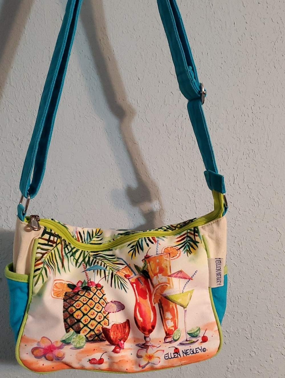 Ellen Negley Tropical Print Crossbody Bag in Teal & White Cloth Purse